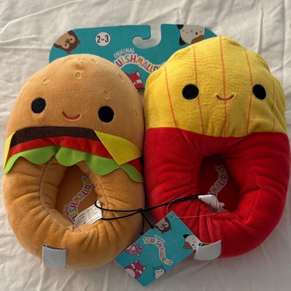 Squishmallows Cheeseburger and Fries Plush Slippers. sz 2-3